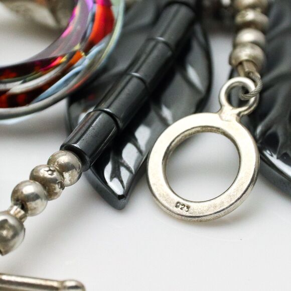 Vintage 925 Artisan Leaf Bib Necklace | Iridescent Crystal & Hematite | 19” - Picture 6 of 12